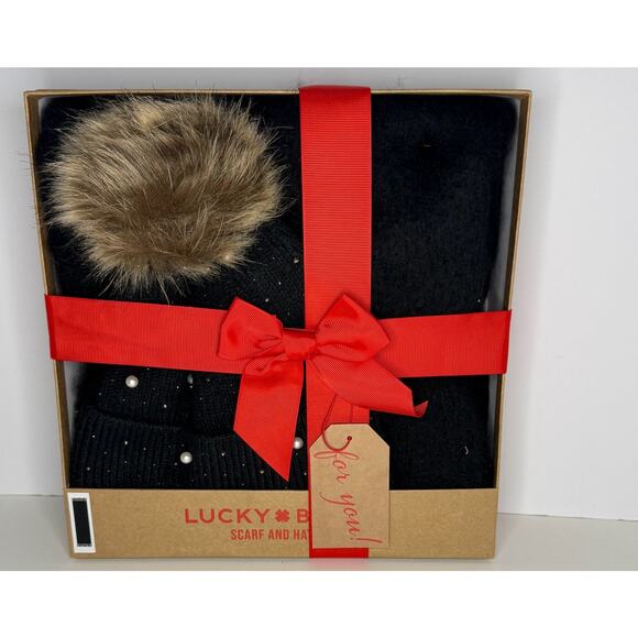 Lucky Brand Black Beanie Scarf Set Faux Fur Pom Pom Sparkle Pearl Winter Gift - Picture 1 of 4